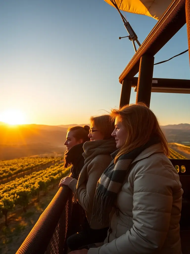 A photo of passengers dressed in layers, enjoying a hot air balloon ride over Temecula Valley at sunrise, highlighting the importance of appropriate attire.