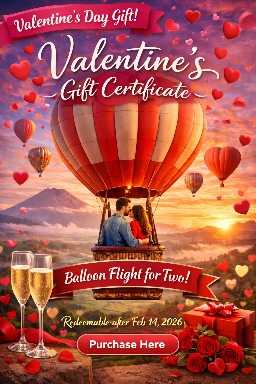 Sunrise Balloons Valentine’s Gift Certificate – Balloon Flight for Two – Redeemable after Feb 14, 2026